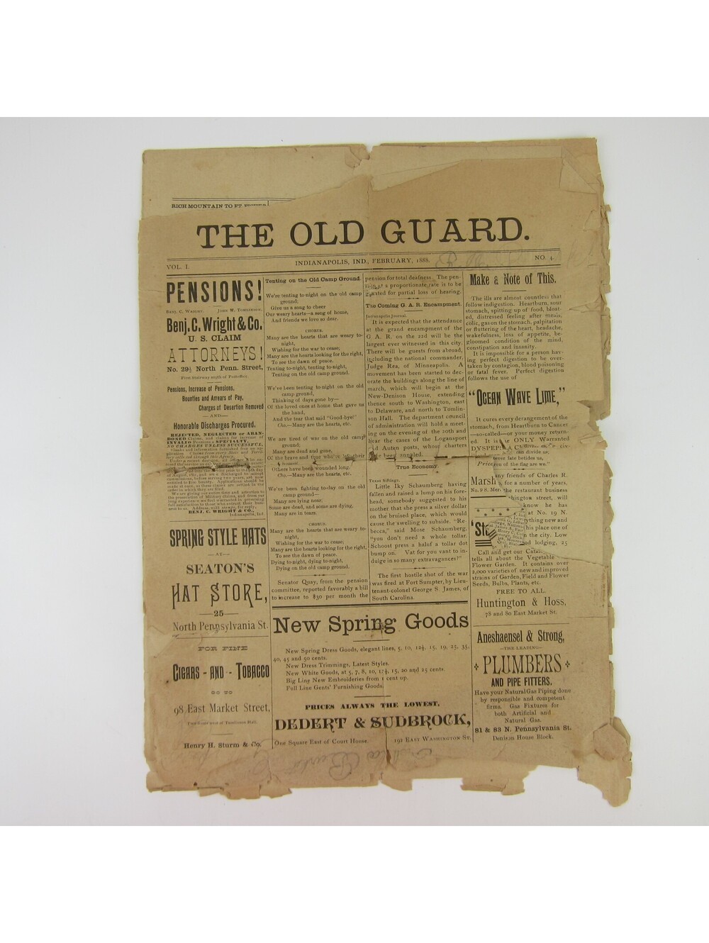 The Old Guard Newspaper Indianapolis Indiana GAR Civil War Veterans 1888 Antique